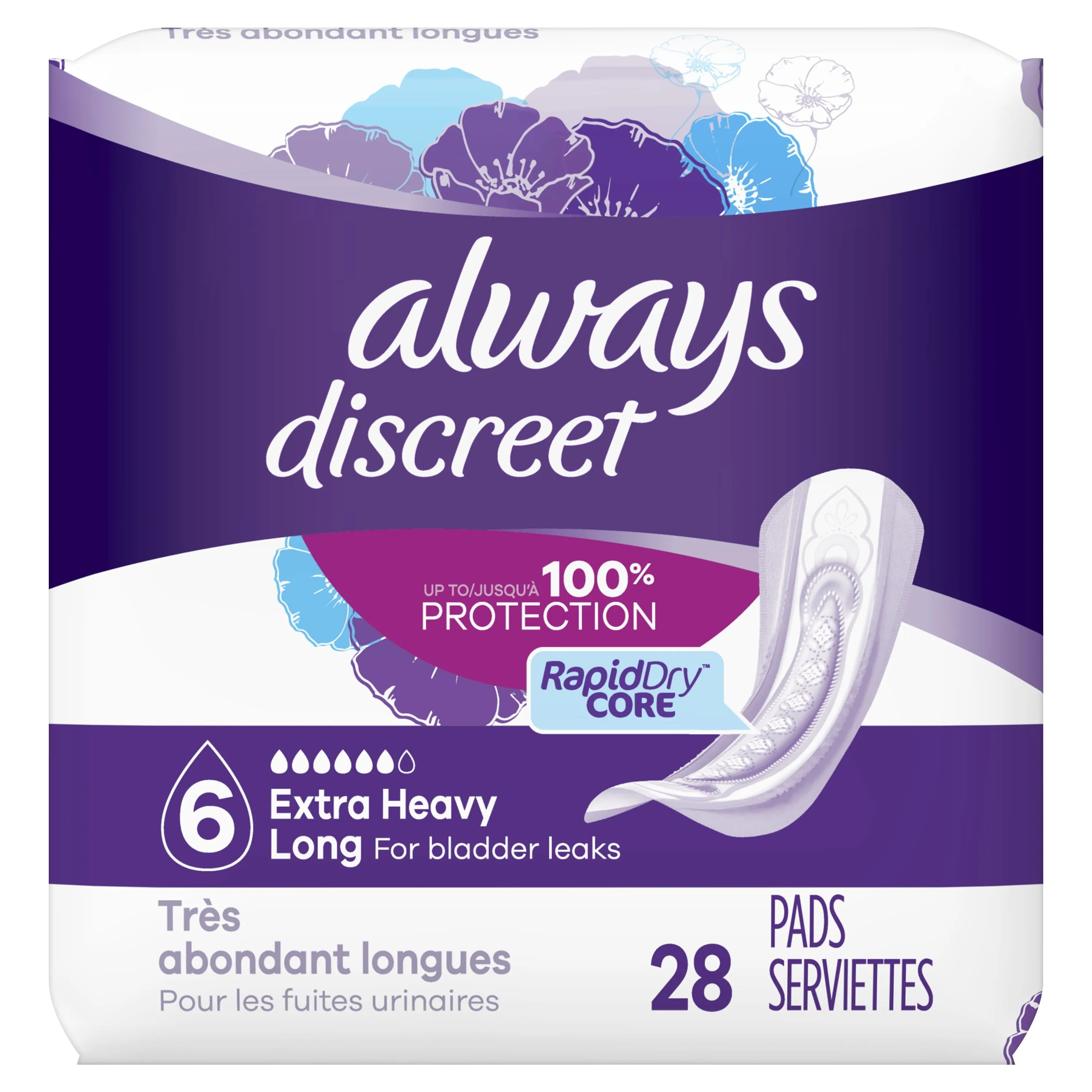 Always Discreet Extra Heavy Long Incontinence Pads, 28 Count