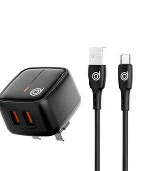 Cheetah1 12W Dual USB-A Wall Charger   USB-A to Type-C Cable - Black - digifon