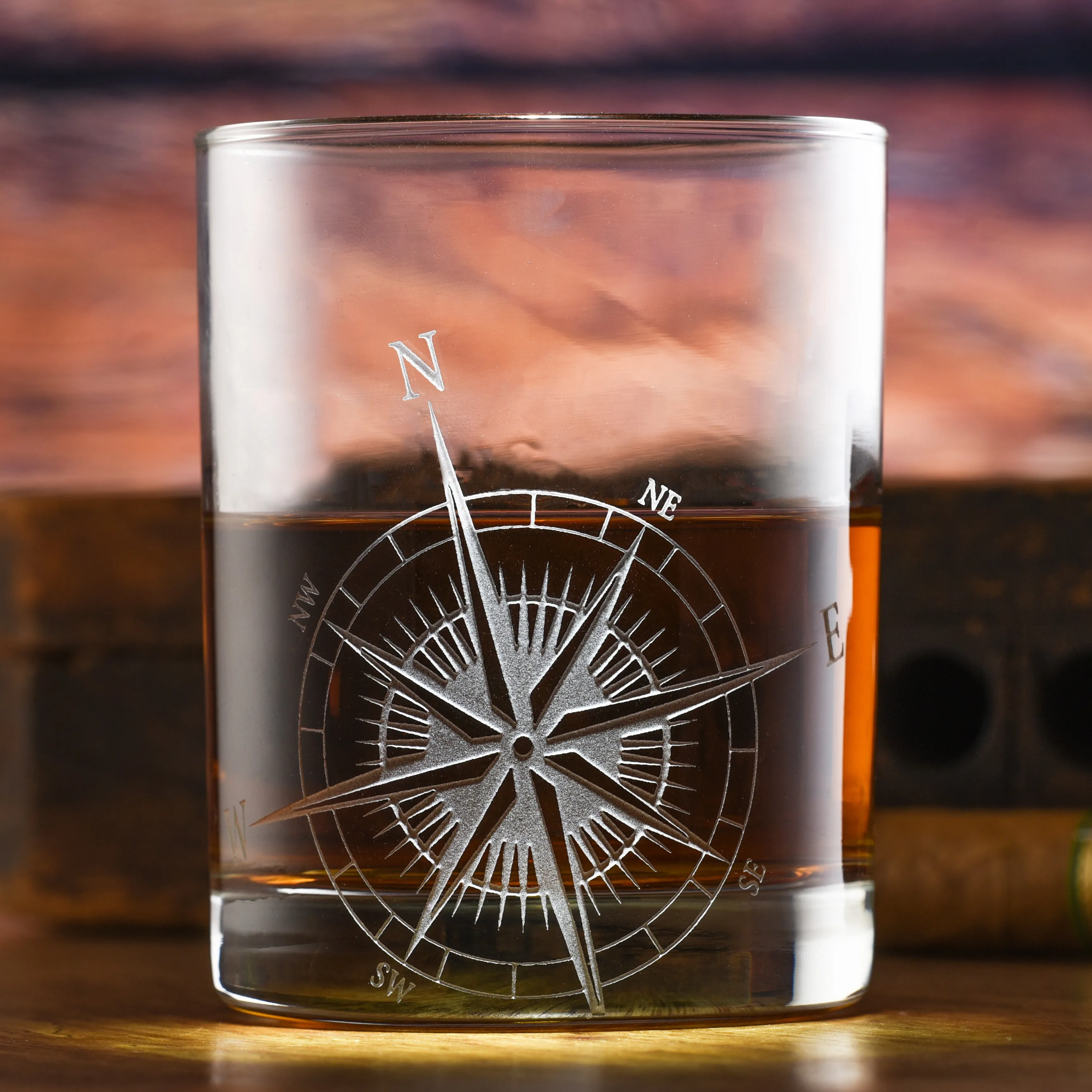 Deep Carved Nautical Compass Rose Standard Rocks Glass