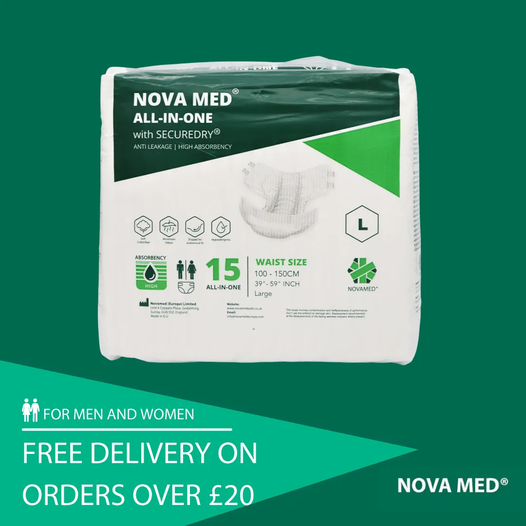 Novamed All in Ones Incontinence Pads, Incontinence Slips, Adult Nappies (15 per bag) - Sizes Medium to Extra Large- A British Brand