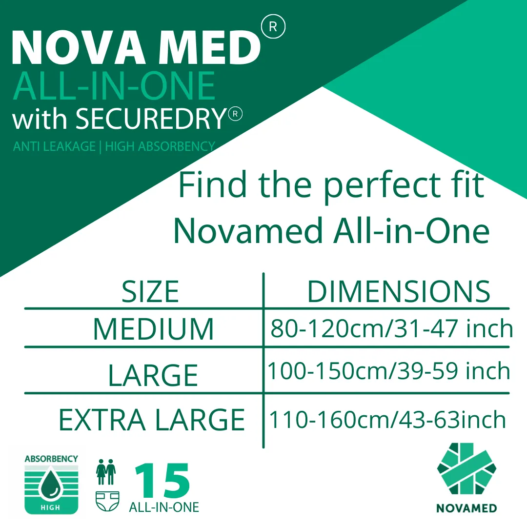 Novamed All in Ones Incontinence Pads, Incontinence Slips, Adult Nappies (15 per bag) - Sizes Medium to Extra Large- A British Brand