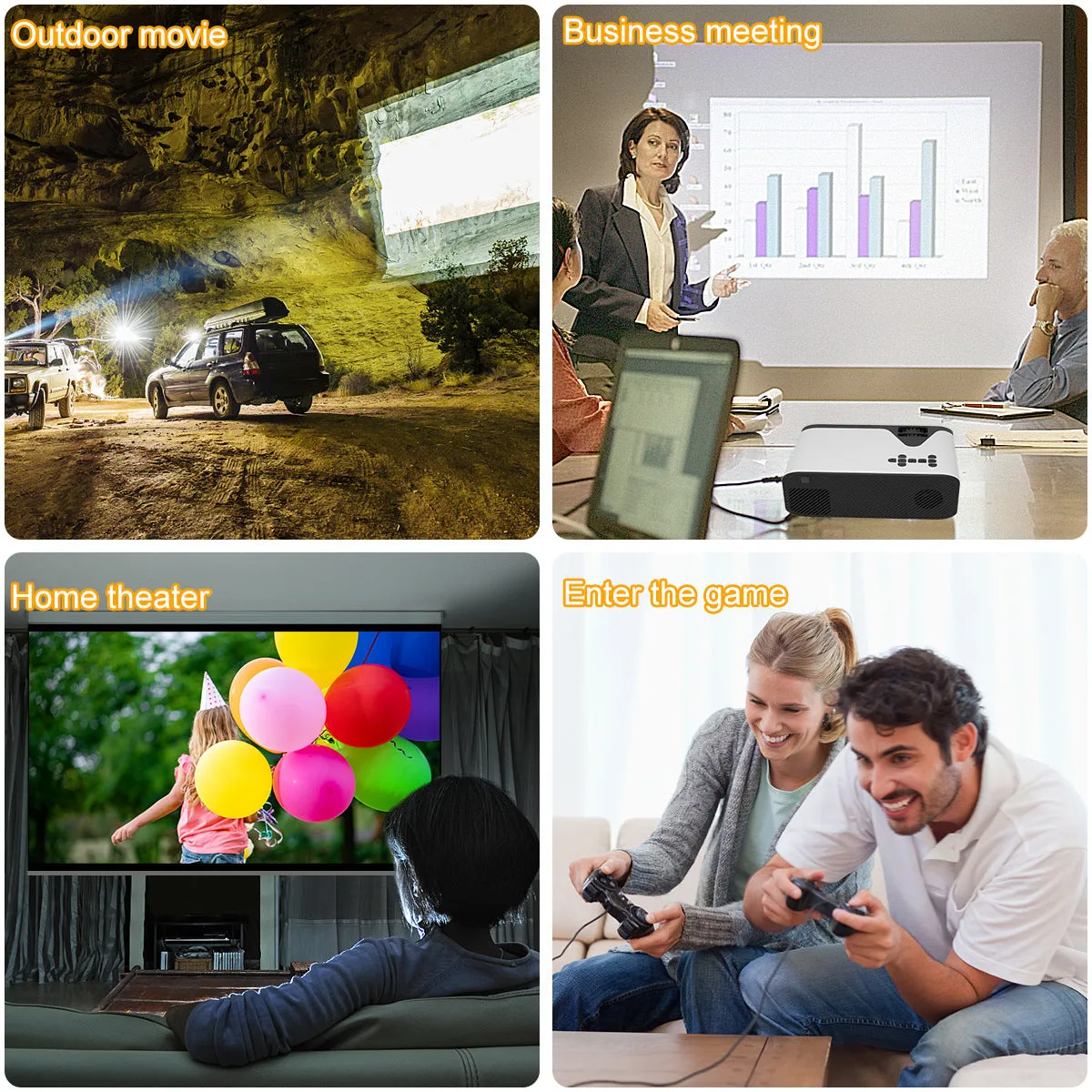 Portable Full HD 1080P Supported Projector, Compatible with Phone, SD, USB, AV, HDMI, VGA