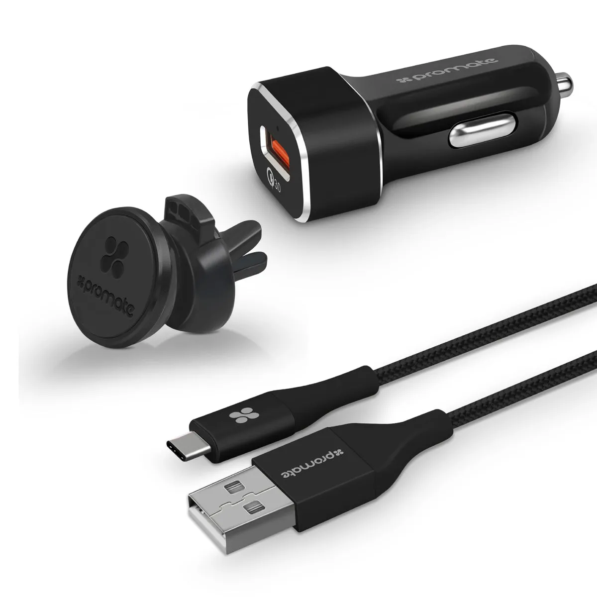 QC 3.0 Car Charger with Heavy Duty Mesh Armored USB-C Cable